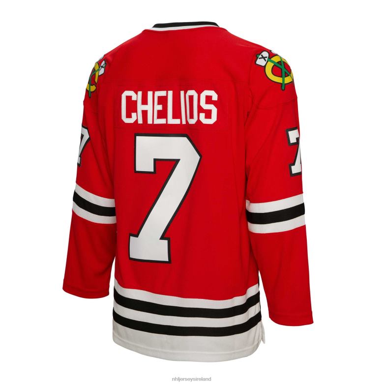 NHL Men Chicago Blackhawks Chris Chelios Mitchell  Ness Red 1991 Blue Line Player Jersey D002V685 Clothing