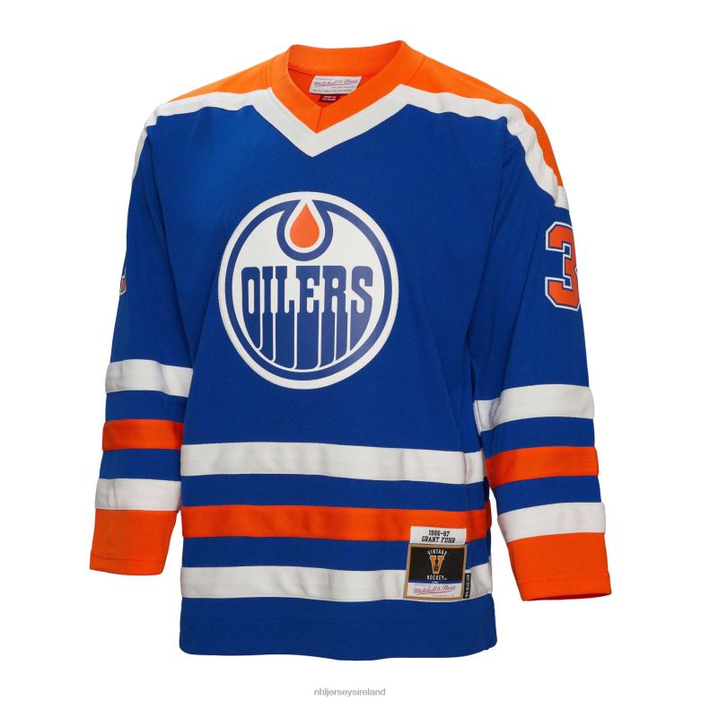 NHL Men Edmonton Oilers Grant Fuhr Mitchell  Ness Royal 1986 Blue Line Player Jersey D002V1182 Clothing