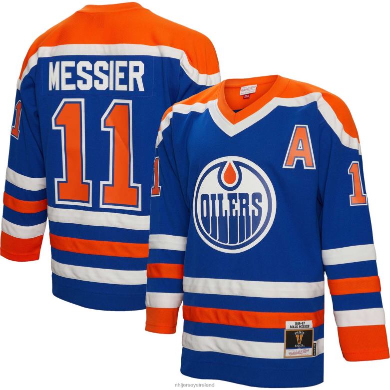 NHL Men Edmonton Oilers Mark Messier Mitchell  Ness Royal 1986 Blue Line Player Jersey D002V579 Clothing