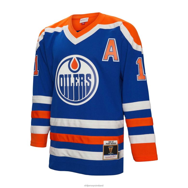 NHL Men Edmonton Oilers Mark Messier Mitchell  Ness Royal 1986 Blue Line Player Jersey D002V579 Clothing