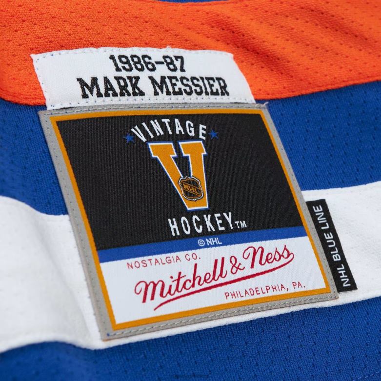 NHL Men Edmonton Oilers Mark Messier Mitchell  Ness Royal 1986 Blue Line Player Jersey D002V579 Clothing