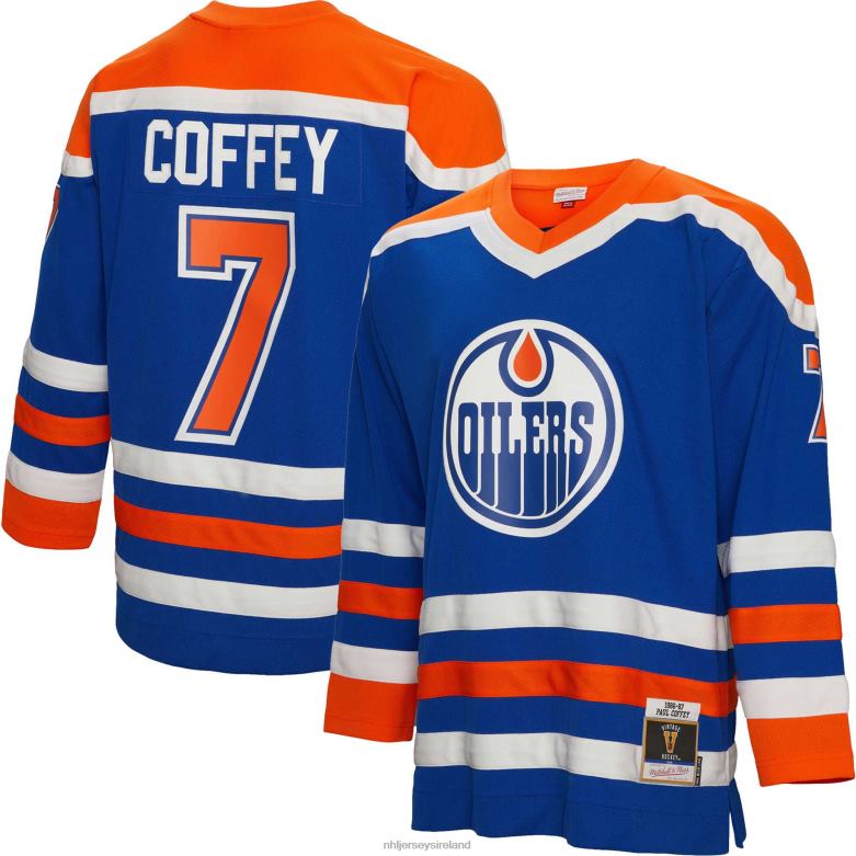 NHL Men Edmonton Oilers Paul Coffey Mitchell  Ness Royal 1986 Blue Line Player Jersey D002V1463 Clothing