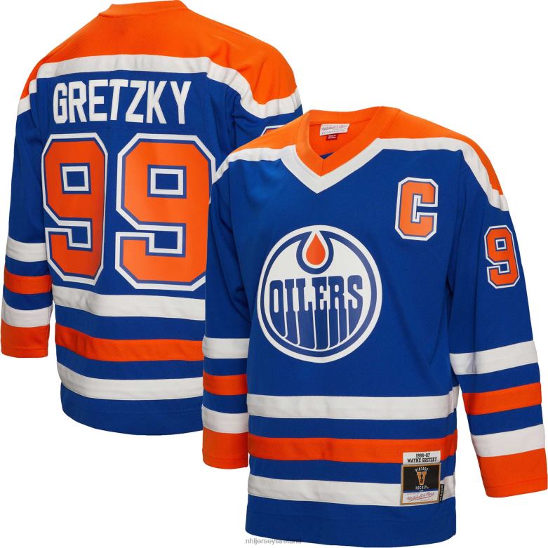 NHL Men Edmonton Oilers Wayne Gretzky Mitchell  Ness Royal 1986 Blue Line Player Jersey D002V135 Clothing