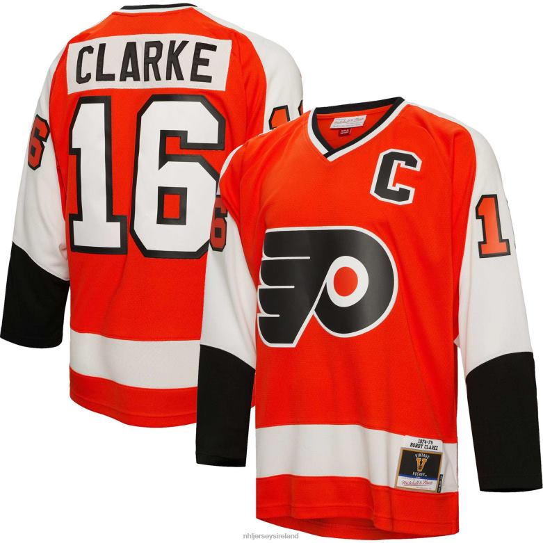 NHL Men Philadelphia Flyers Bobby Clarke Mitchell  Ness Orange 1974 Blue Line Player Jersey D002V1133 Clothing