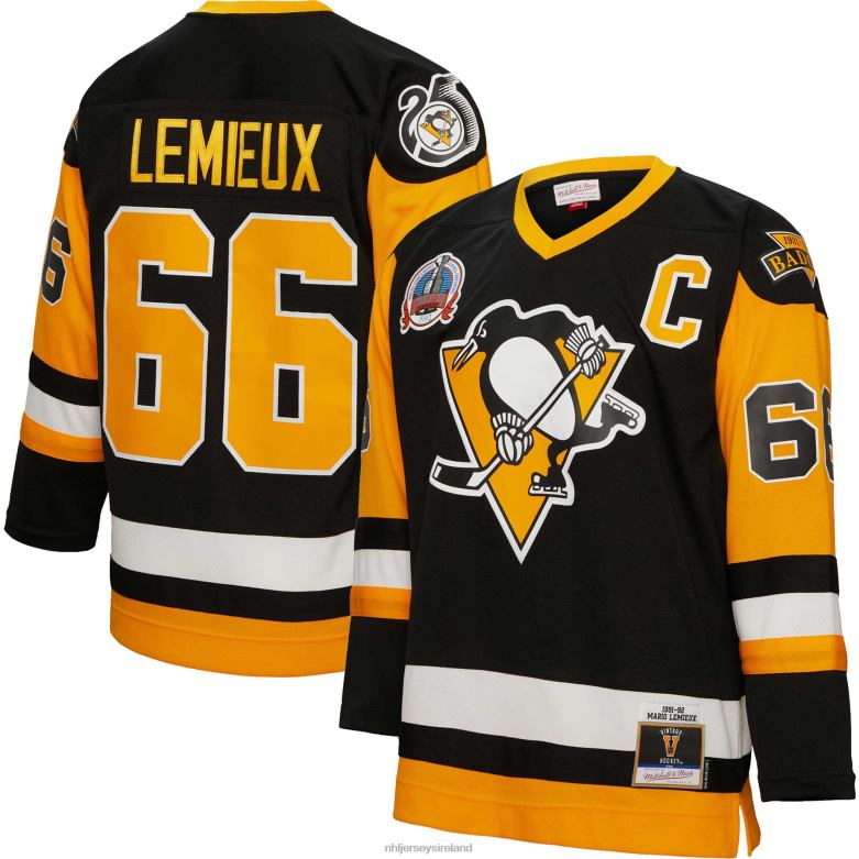 NHL Men Pittsburgh Penguins Mario Lemieux Mitchell  Ness Black 1991 Blue Line Player Jersey D002V327 Clothing