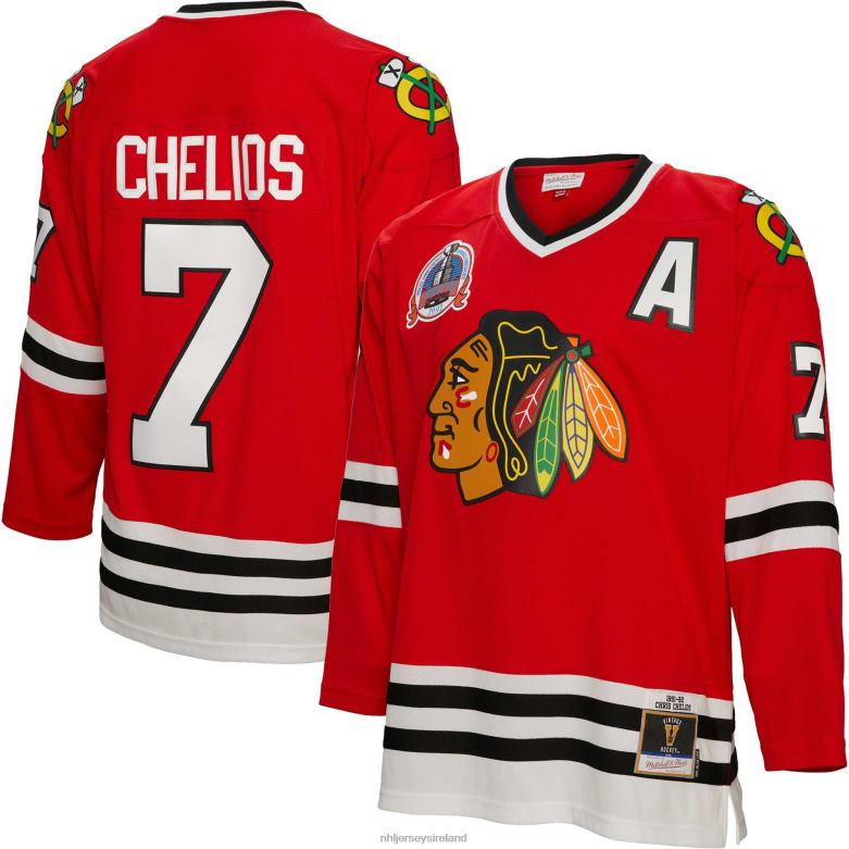 NHL Men Chicago Blackhawks Chris Chelios Mitchell & Ness Red 1991 Blue Line Player Jersey D002V685 Clothing