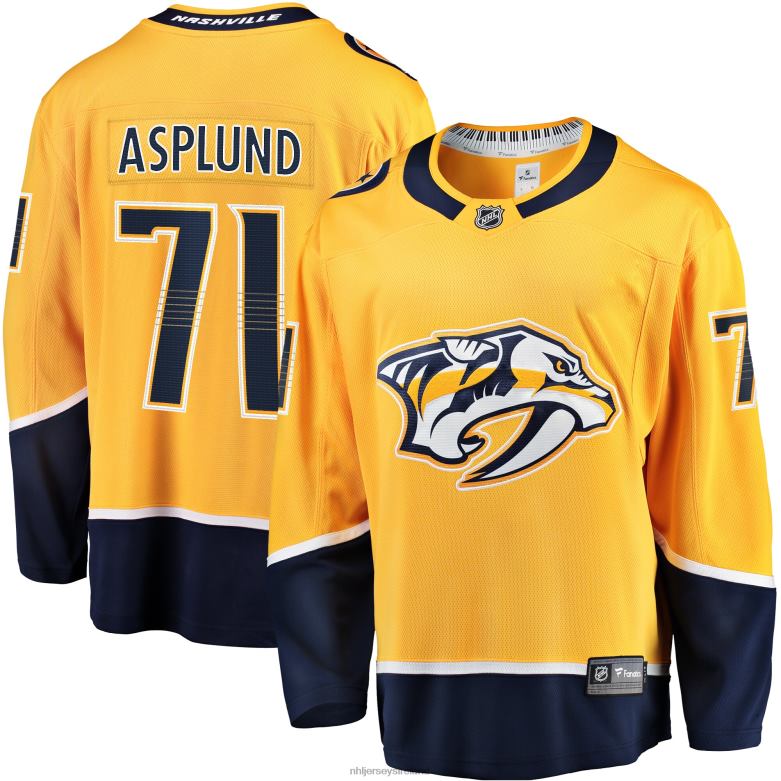 NHL Men Nashville Predators Rasmus Asplund Fanatics Branded Gold Home Breakaway Jersey D002V1915 Clothing