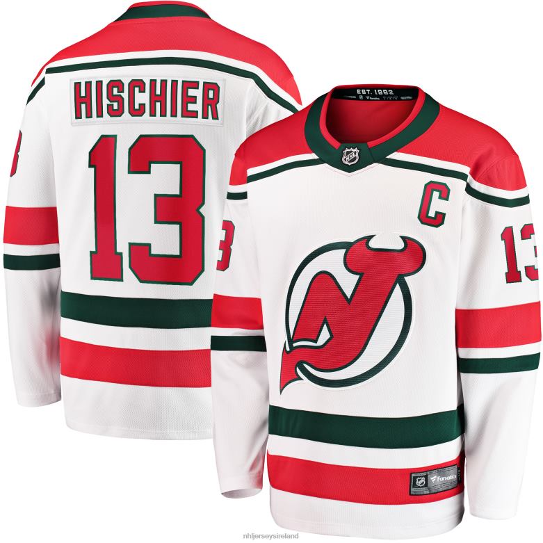 NHL Men New Jersey Devils Nico Hischier Fanatics Branded White 2022/23 Heritage Premier Breakaway Jersey D002V295 Clothing
