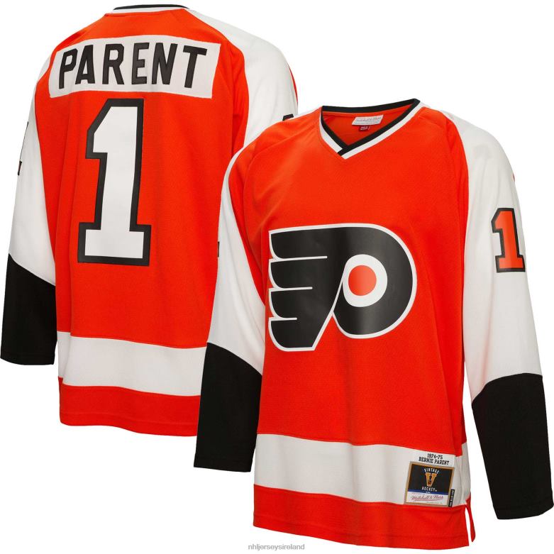 NHL Men Philadelphia Flyers Bernie Parent Mitchell & Ness Orange 1974 Blue Line Player Jersey D002V942 Clothing
