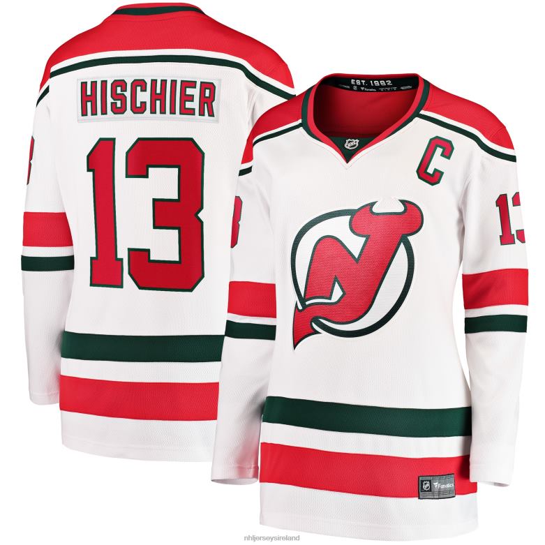 NHL Women New Jersey Devils Nico Hischier Fanatics Branded White 2022/23 Heritage Premier Breakaway Jersey D002V939 Clothing